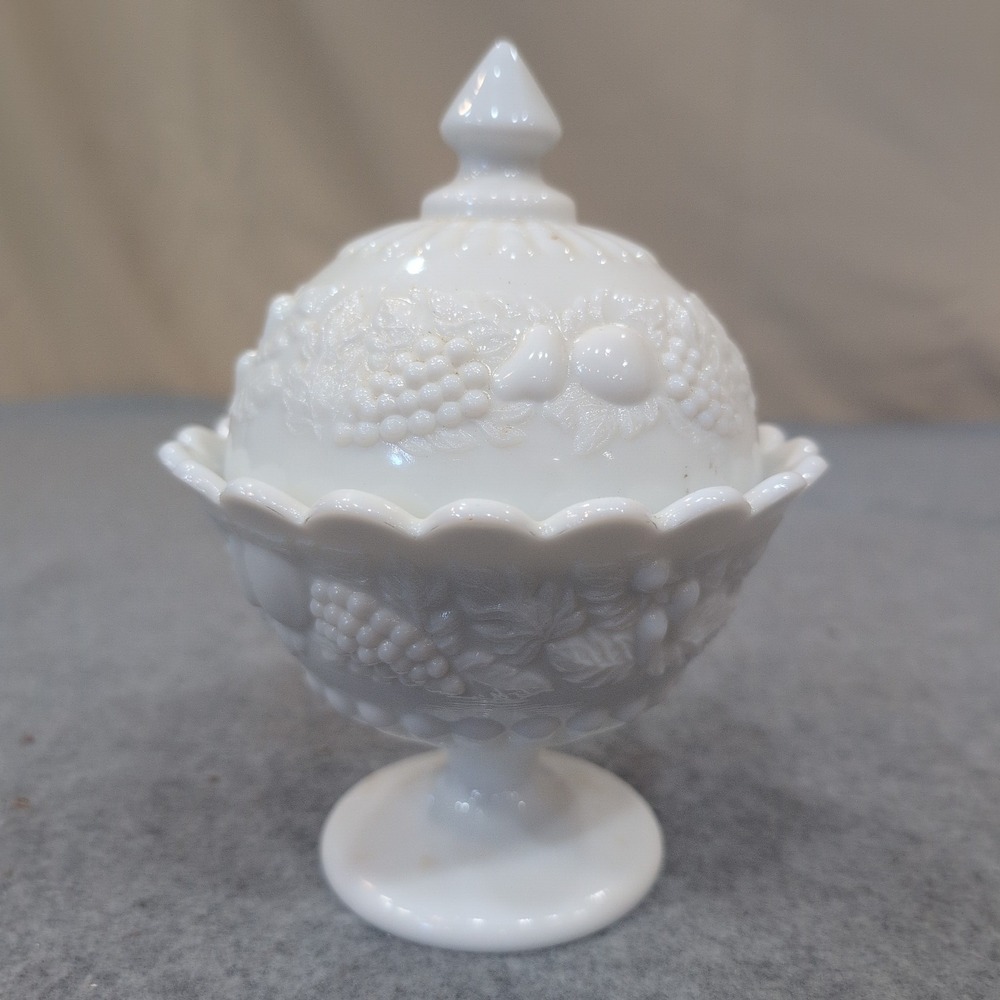 Vintage White Milk Glass Harvest Fruit Embossed Pedestal Candy Dish with Lid